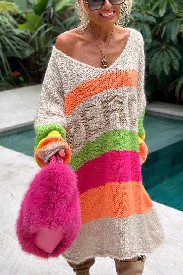 Beige True Faith Knit Peace Pattern Color Blocks Loose Midi Sweater Dress