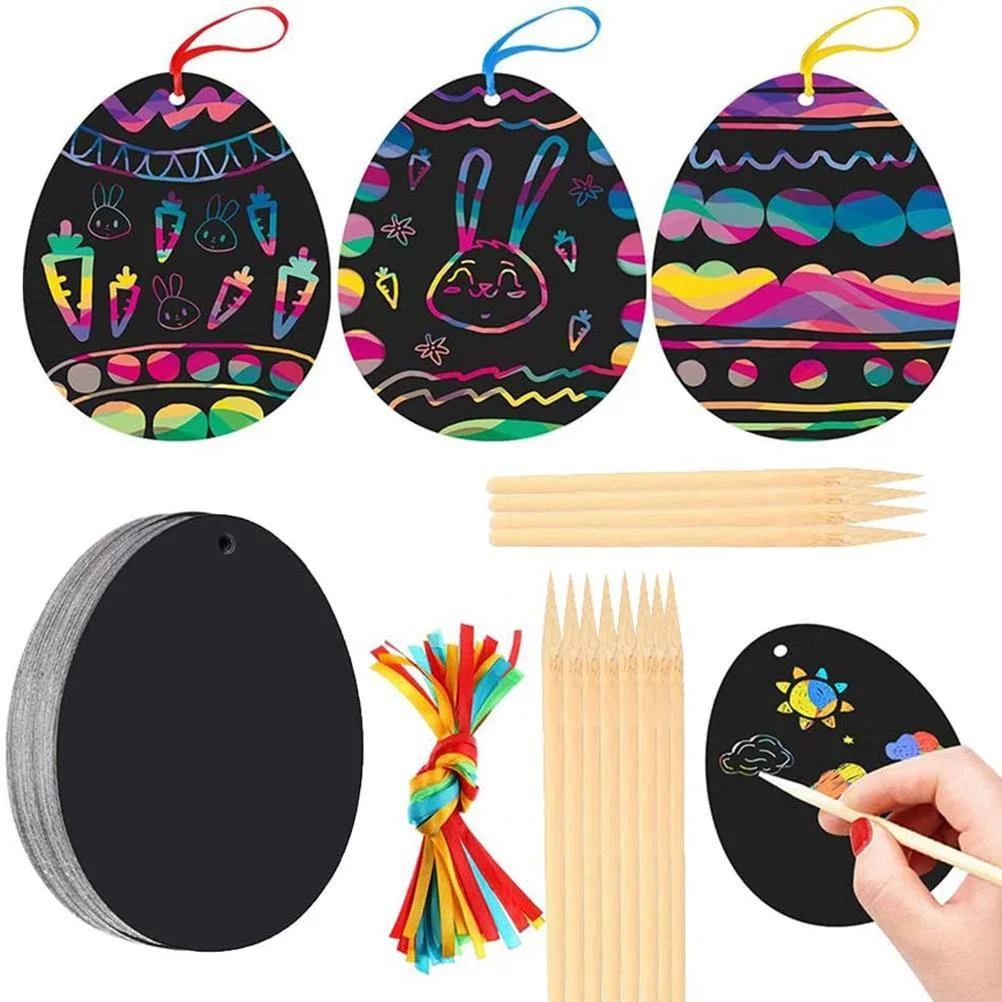 108PCS/SET DIY Rainbow Easter Egg Rabbit Carrot Chick Scratch Art Ornaments With Scratching Pens For Kids Hunt Gift Bag Favors