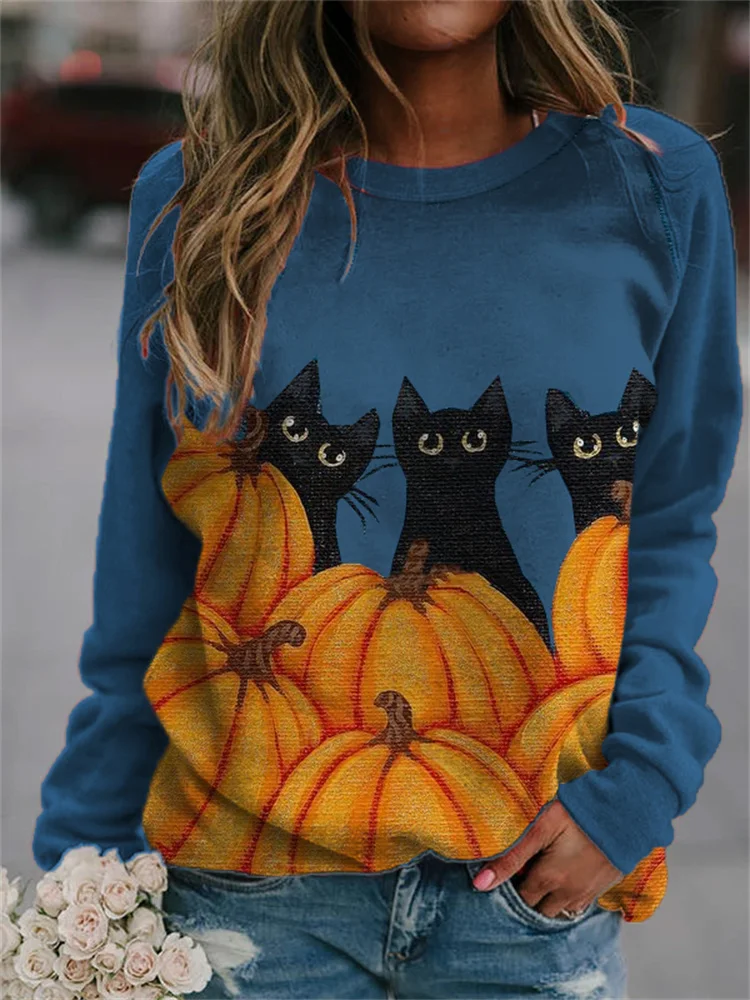 Vefave Halloween Cute Cat Crew Neck Sweatshirt