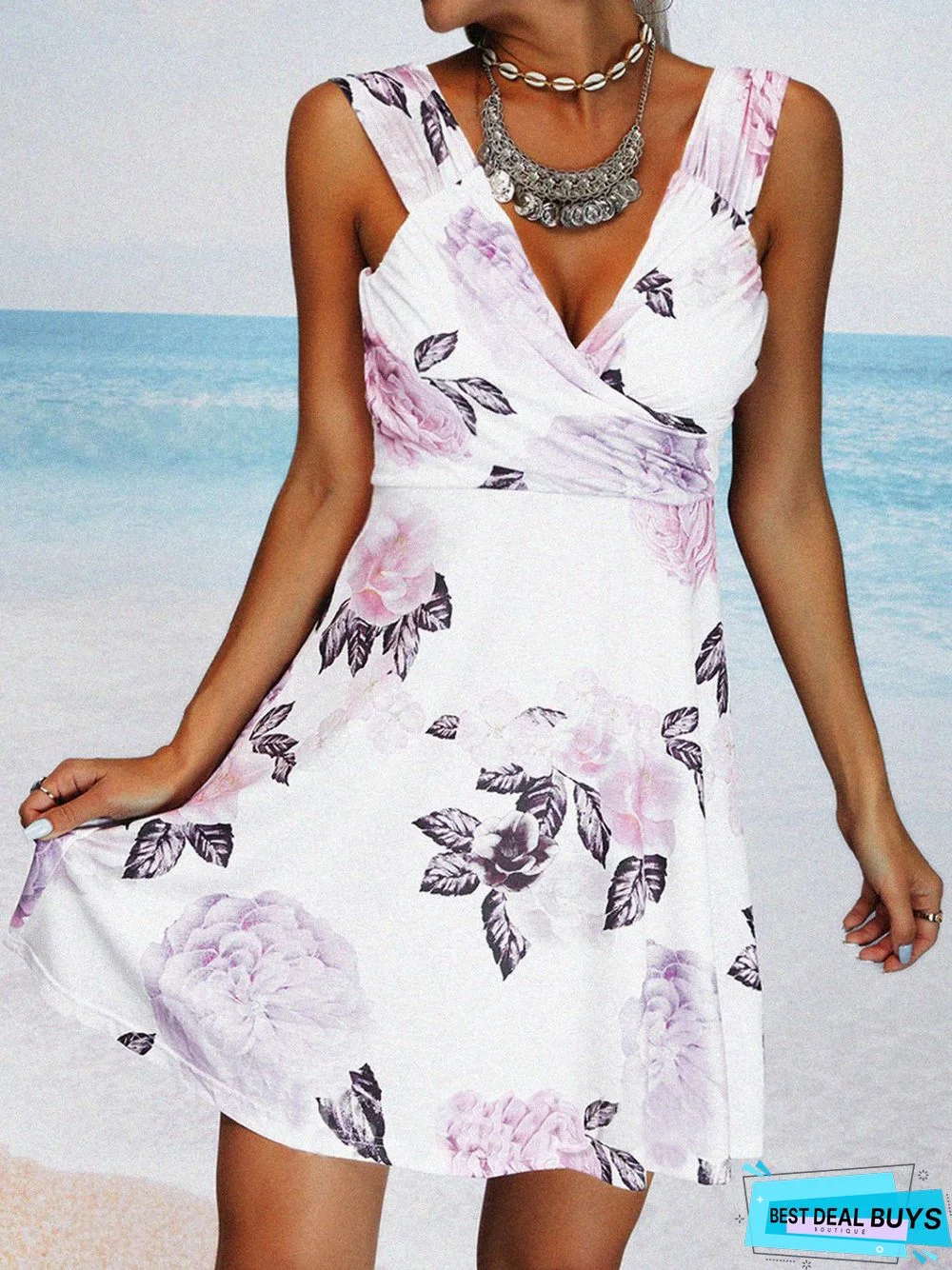 Casual Sleeveless V Neck Plus Size Printed Dress