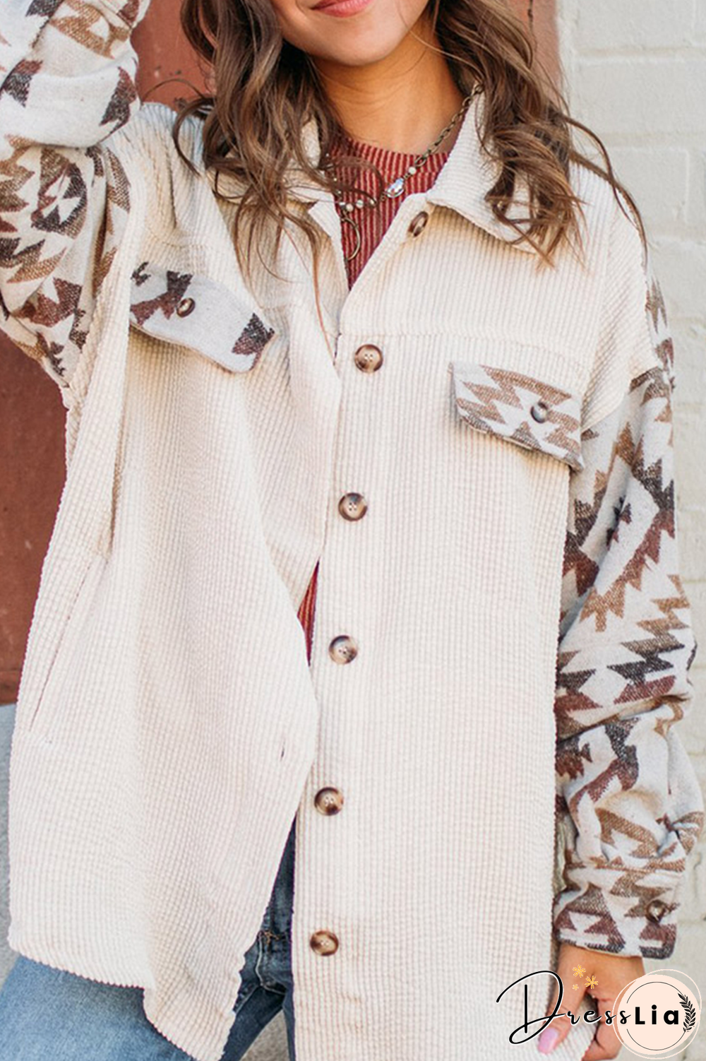 Casual Print Split Joint Turndown Collar Tops