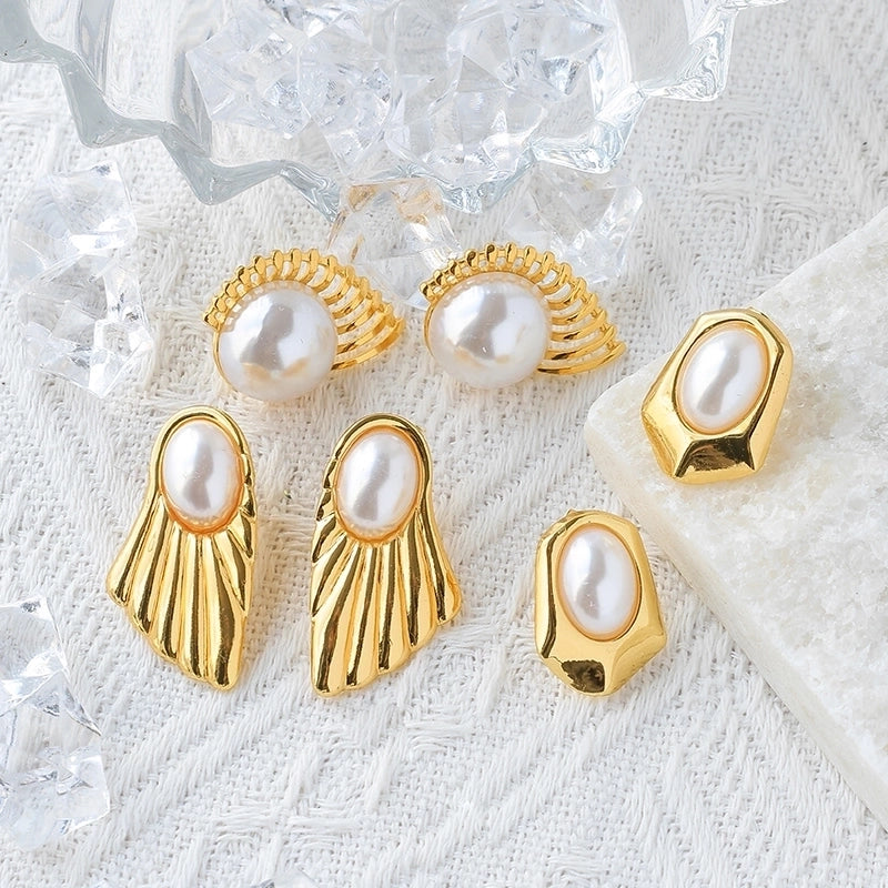 1 Pair Casual Minimalist IG Style Geometric Sector Wings Inlay 304 Stainless Steel Pearl 14K Gold Plated Ear Studs