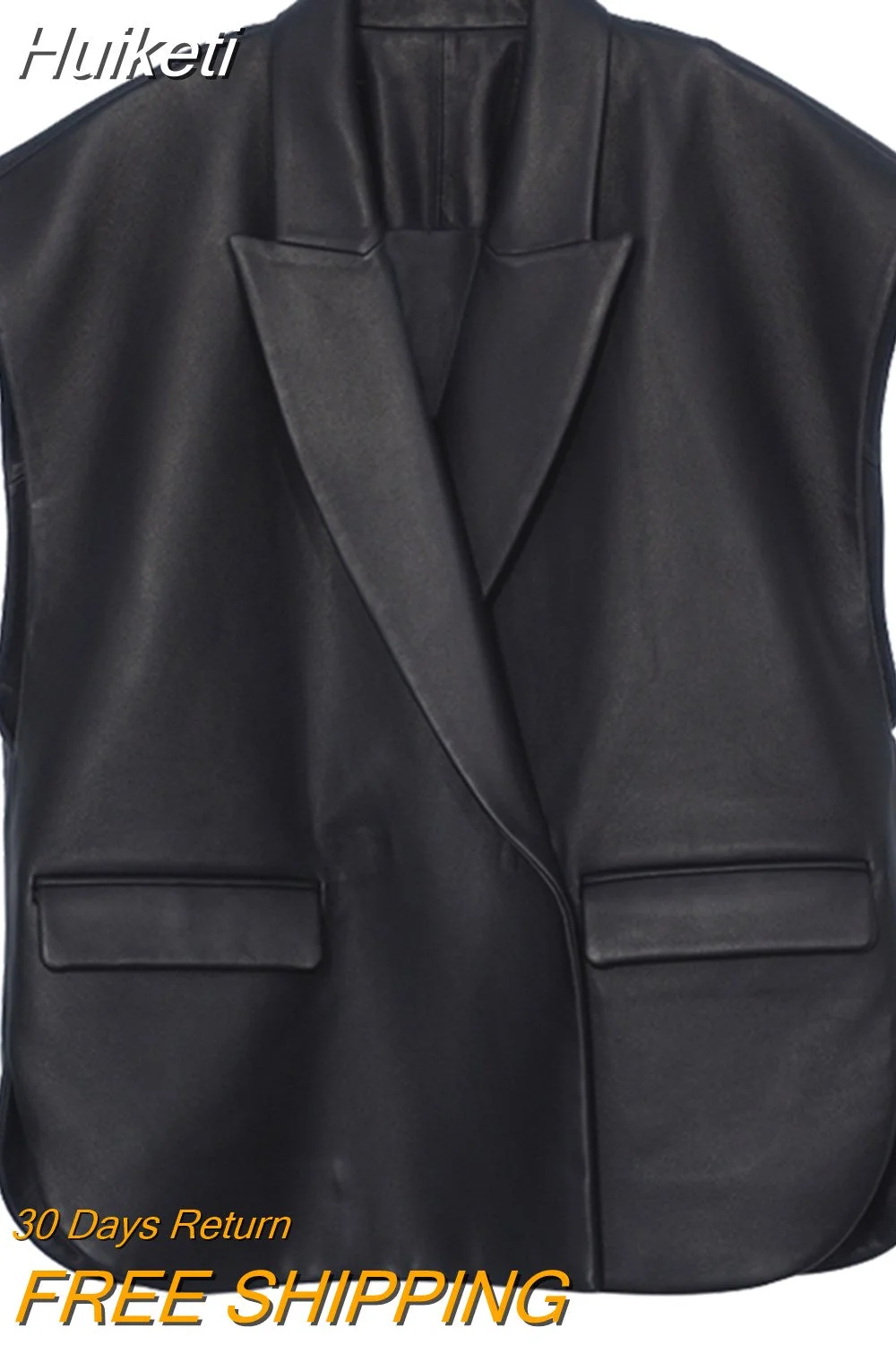 Huiketi Spring Autumn Loose Black Light Soft Faux Leather Vest Women Lapel Elegant Luxury Designer Sleeveless Jacket Fashion