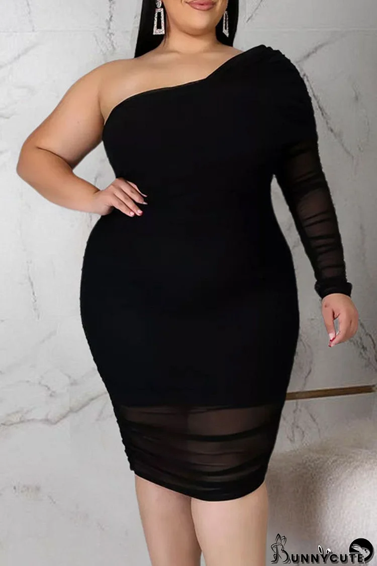 Black Sexy Solid Patchwork Fold Asymmetrical Oblique Collar One Step Skirt Plus Size Dresses