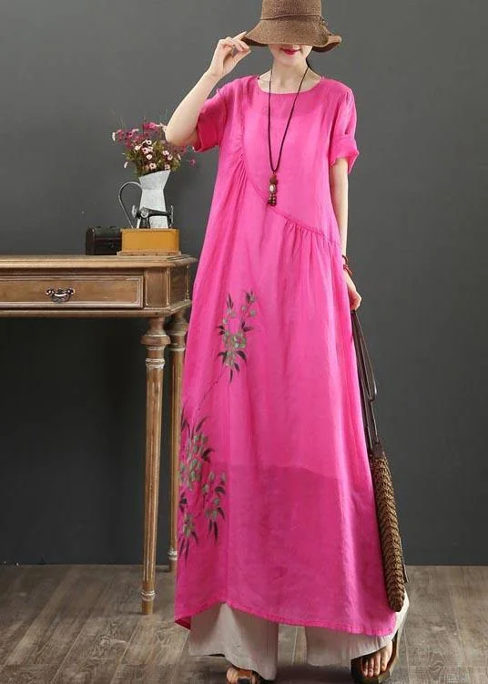 Chic Rose Print asymmetrical design Party Summer Linen Dress