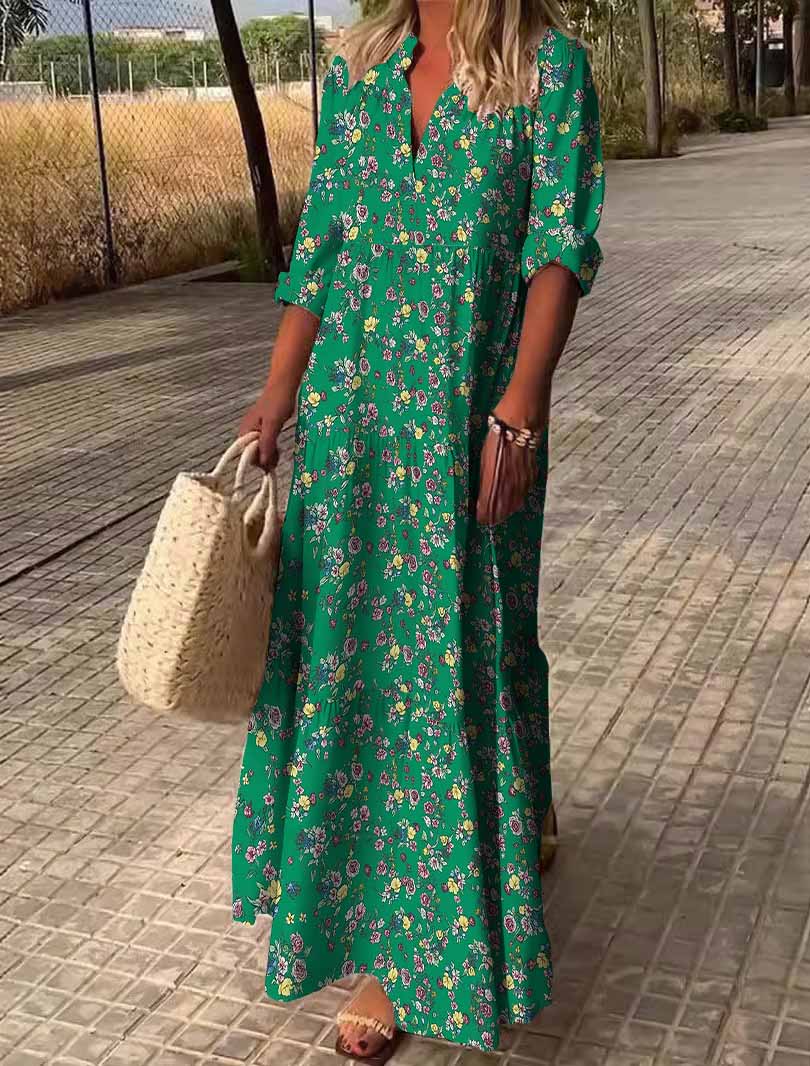 Women Floral, Green, Red DZDN0811 SPU Printed Long Sleeve V-neck Maxi Dress