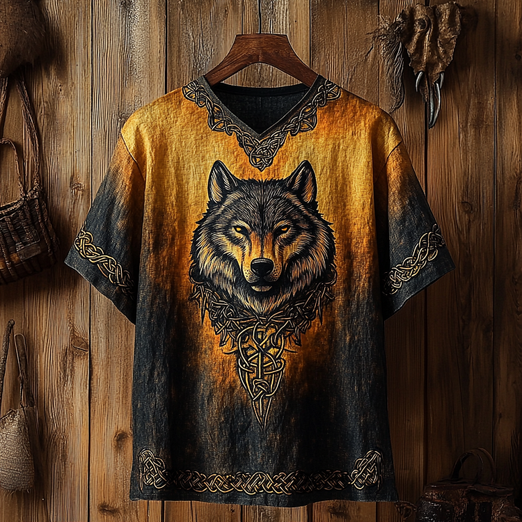 Men's Viking Celtic Wolf Art Gradient Linen T-shirt