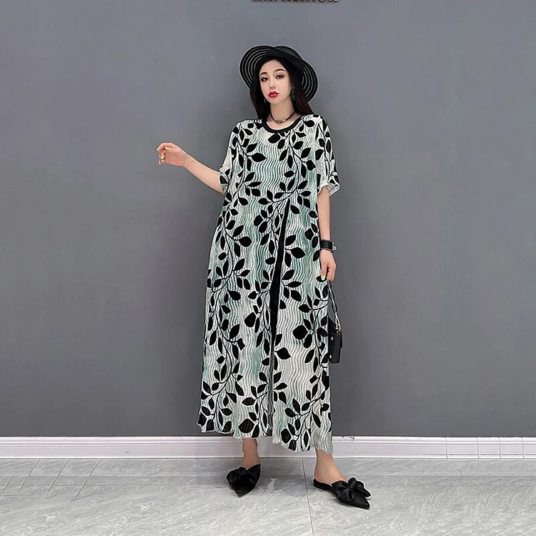 Elegant Loose O-Neck Leaf Printed Short Sleeve High Slit Hem Dress      