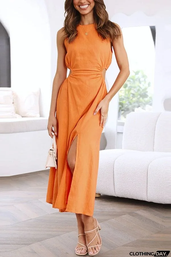 Smile for You Linen Blend Cutout Waist Slit Midi Dress