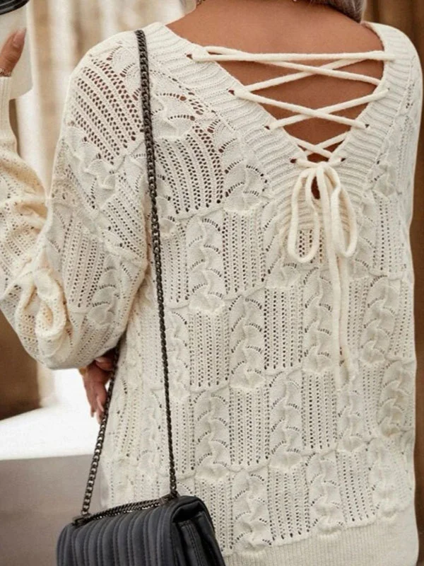 Athvotar Athvotar Women's Sweater Tying Back Hollow Knitted V-Neck Top Factory