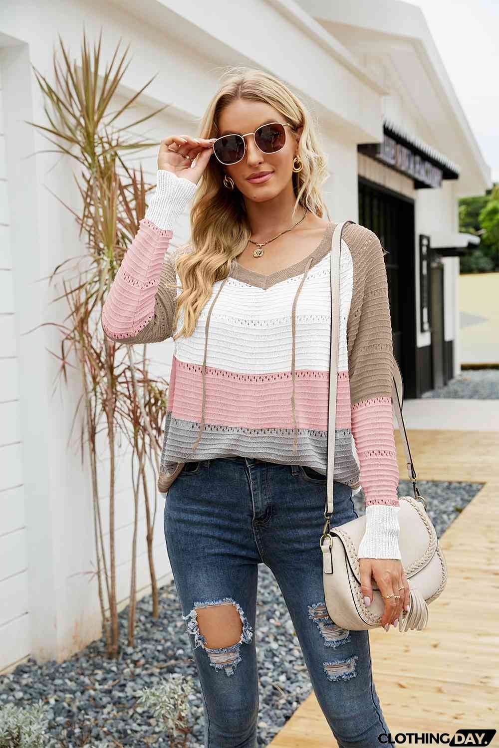 Color Block Drawstring Hooded Sweater