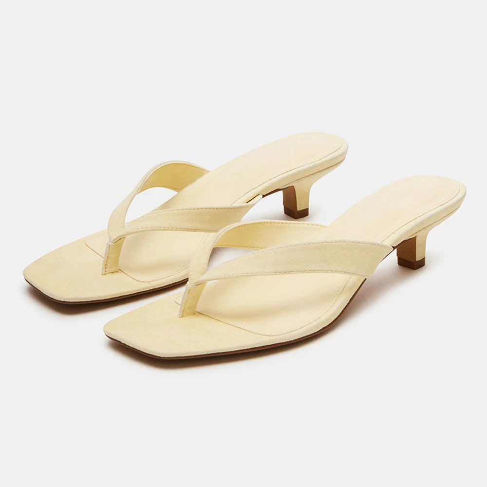 Light Yellow Vegan Suede Open Toe Slide Sandals with Kitten Heels