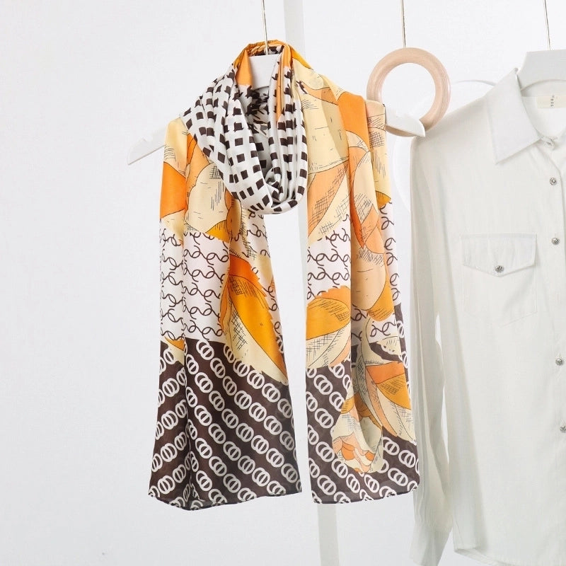Women’s Fashion Letter Plaid Satin Printing Silk Scarves