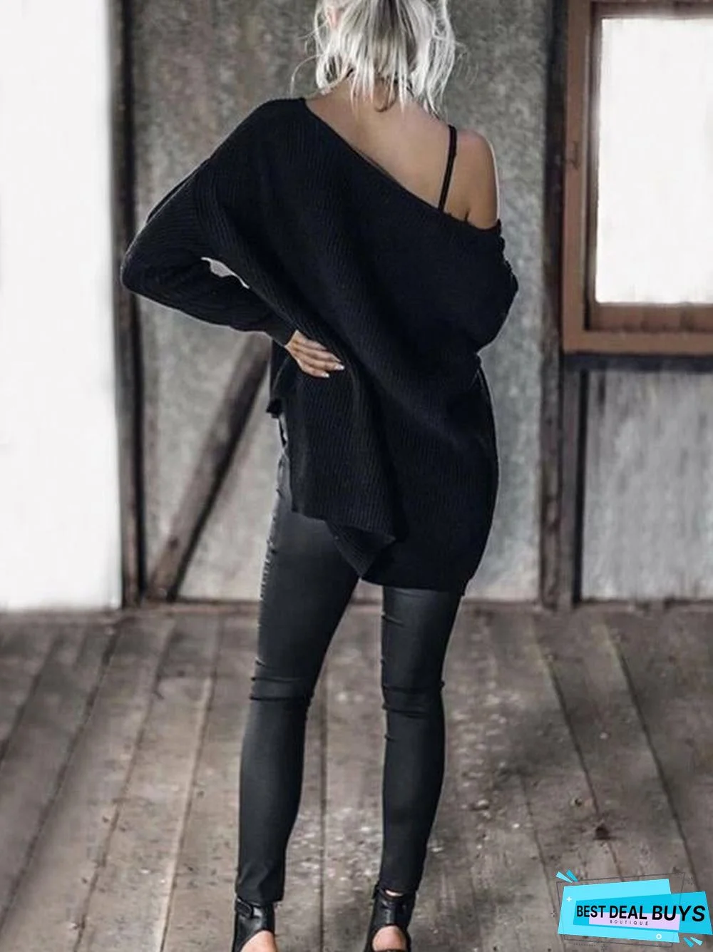 Solid Color Asymmetric V-neck Loose Sweater Tops