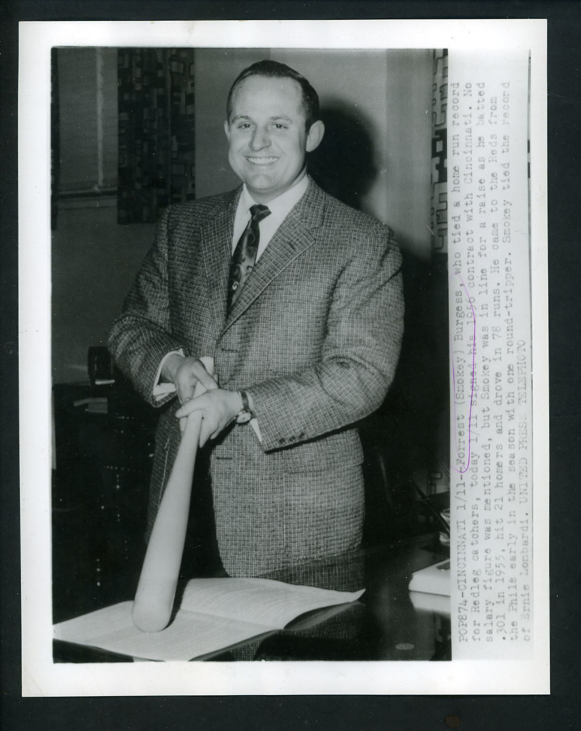 Smoky Burgess signs contract for 1956 Press Photo Poster painting Cincinnati Reds