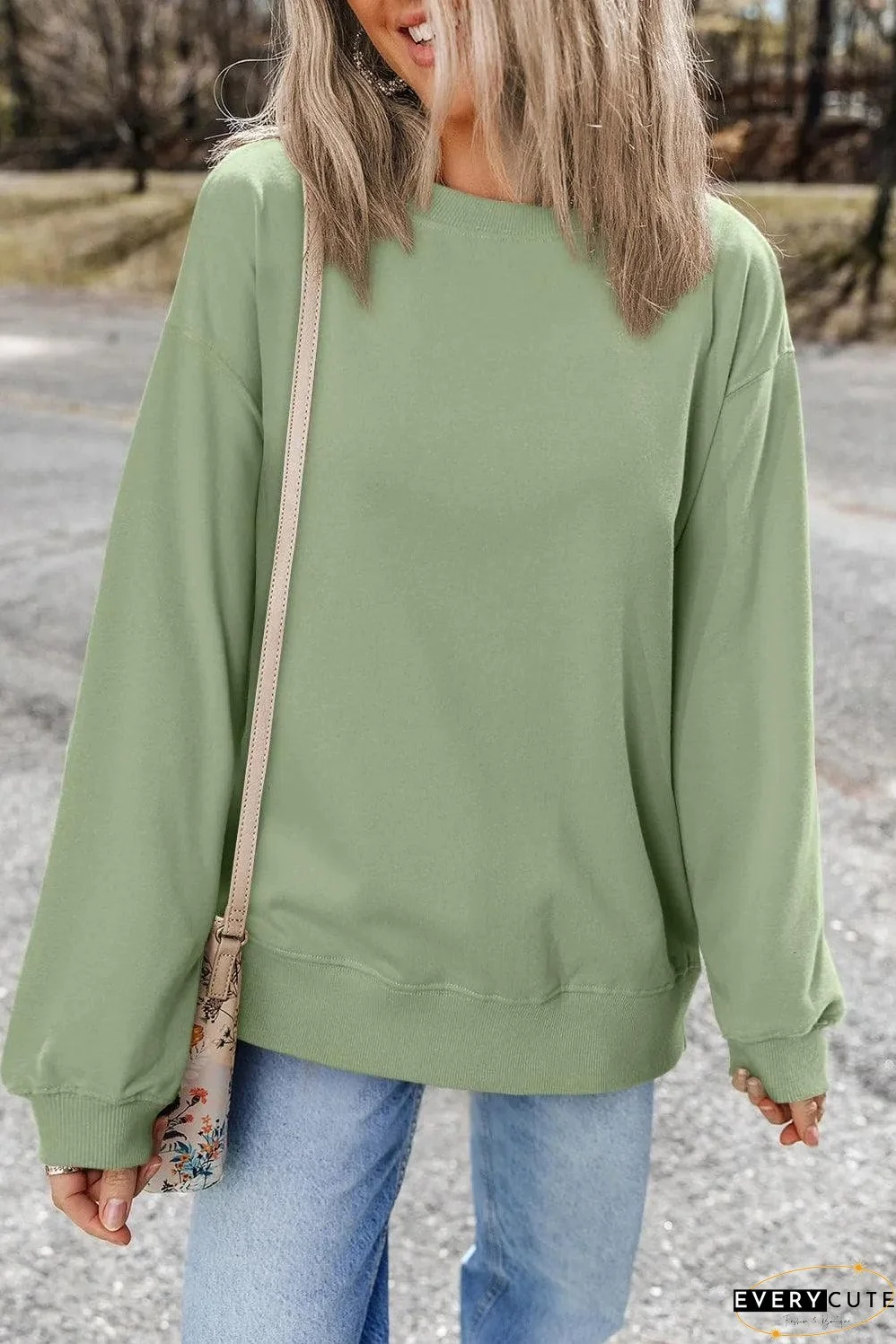 Smoke Green Plain Drop Shoulder Crewneck Pullover Sweatshirt