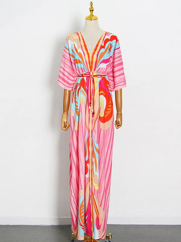 Roomy Half Sleeves Drawstring Split-Front Multi-Colored V-Neck Maxi Dresses