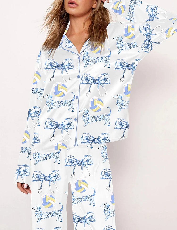 Women's Dachshund Volleyball Cat Health Bow Art Print Pajama Set
