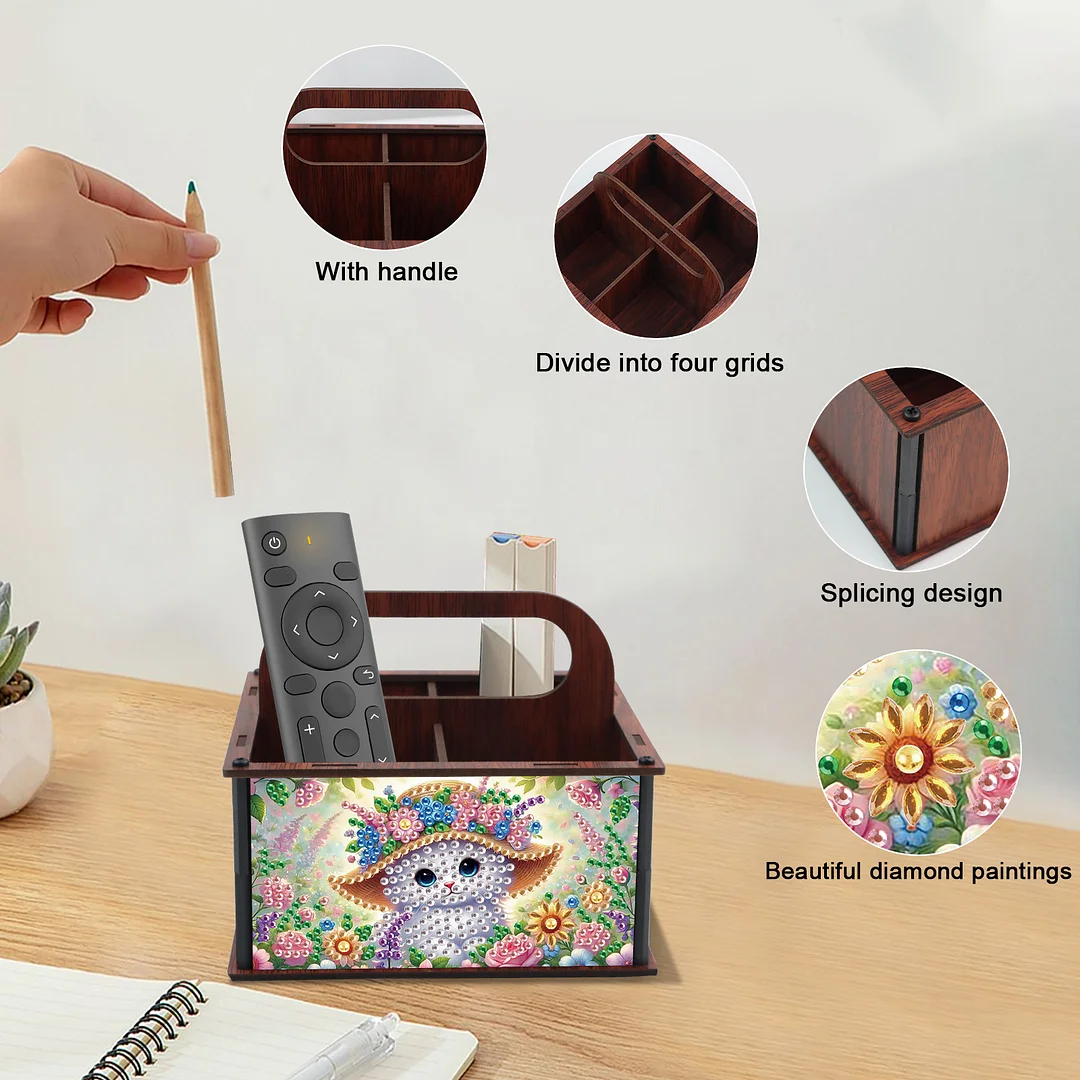 DIY Cat Wooden Diamond Painting Handheld Storage Box Kit Tabletop Art Decor