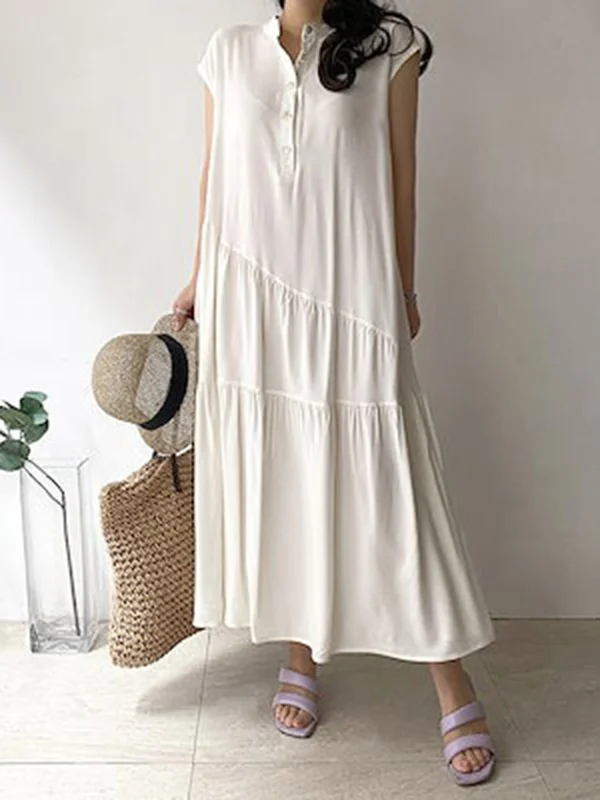 A-Line Loose Buttoned Pleated Ruffled Solid Color Split-Joint Tiered Stand Collar Midi Dresses