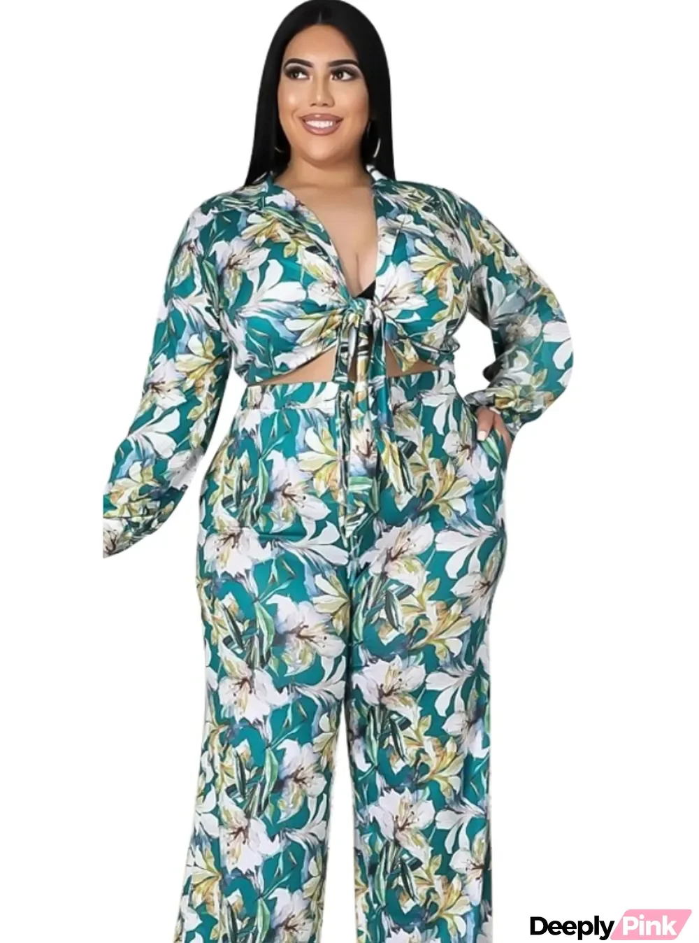 Fall Plus Size Sexy Floral Tie-Knotted Long Sleeve Blouse And Loose Pants Set
