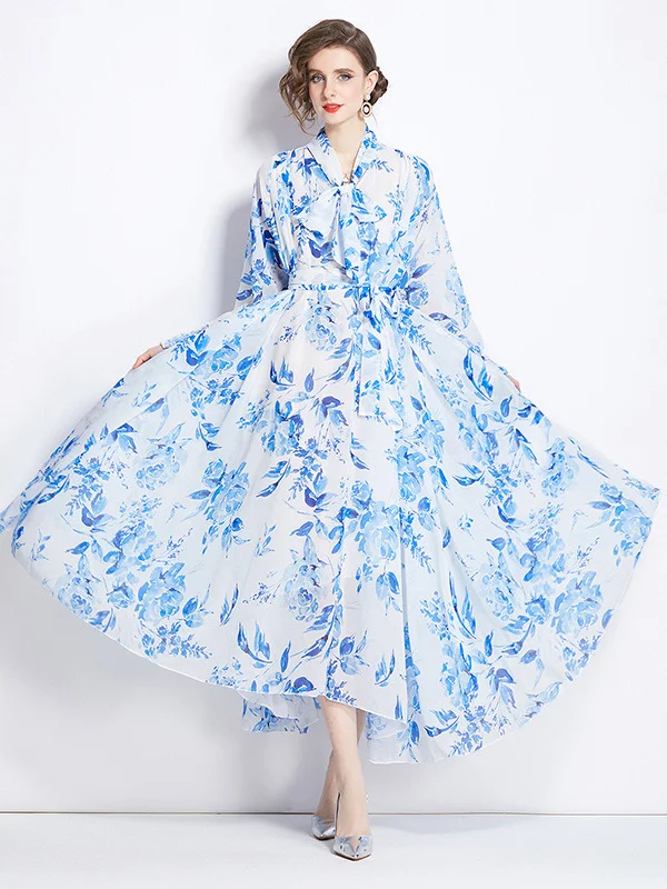 Elegant Long Sleeve Printed Maxi Dress