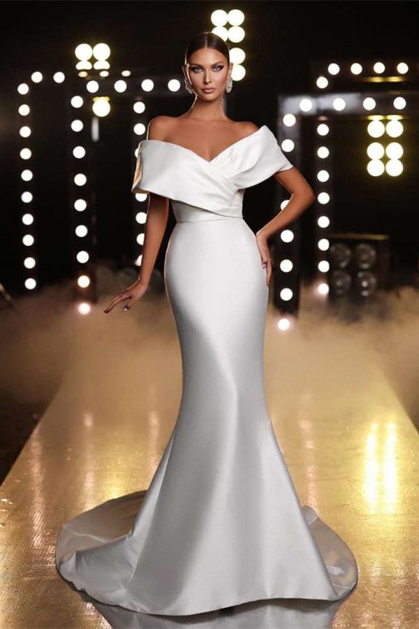 Bellasprom Off-the-Shoulder Satin Wedding Dress Mermaid Long