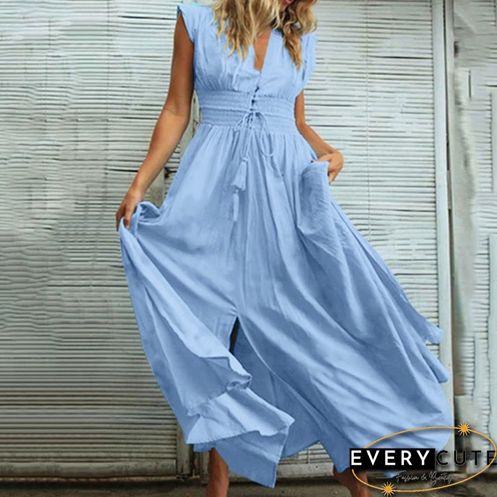Oversized Retro Women Kaftan Solid Long Shirt Dress Sexy Party V Neck Bohemian Slit Hem Maxi Sundress