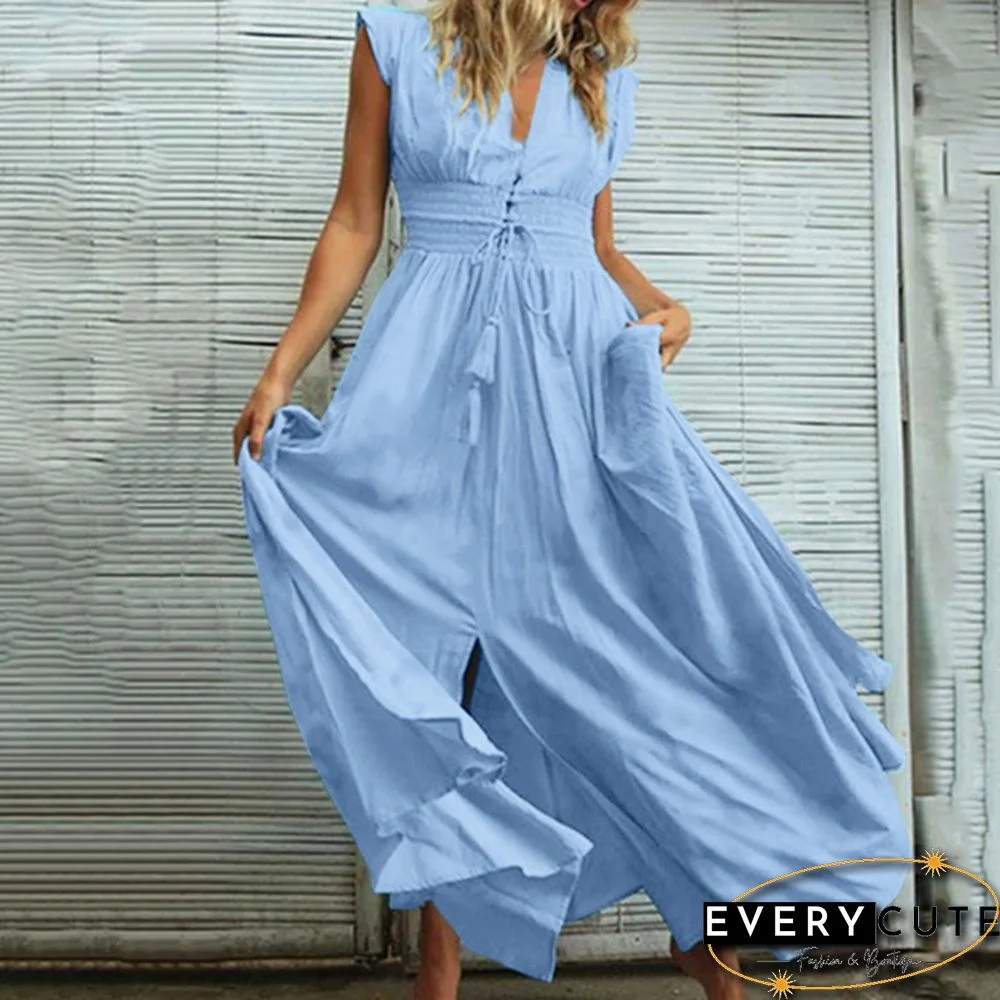 Oversized Retro Women Kaftan Solid Long Shirt Dress Sexy Party V Neck Bohemian Slit Hem Maxi Sundress