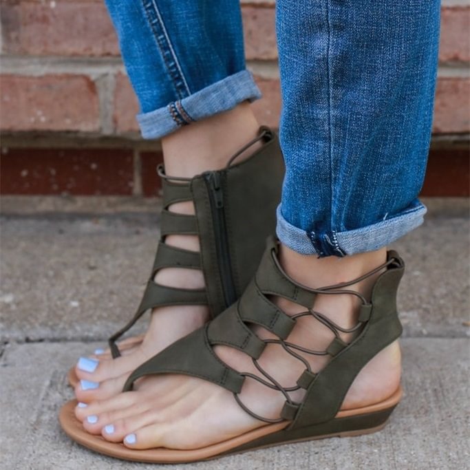 Women's Green Lace up Flats Gladiator Sandals |FSJ Shoes