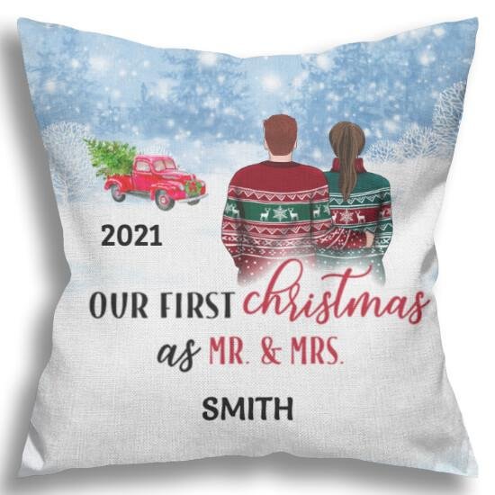 Our First Christmas As Mr. and Mrs. Personalized Throw Pillow Cover