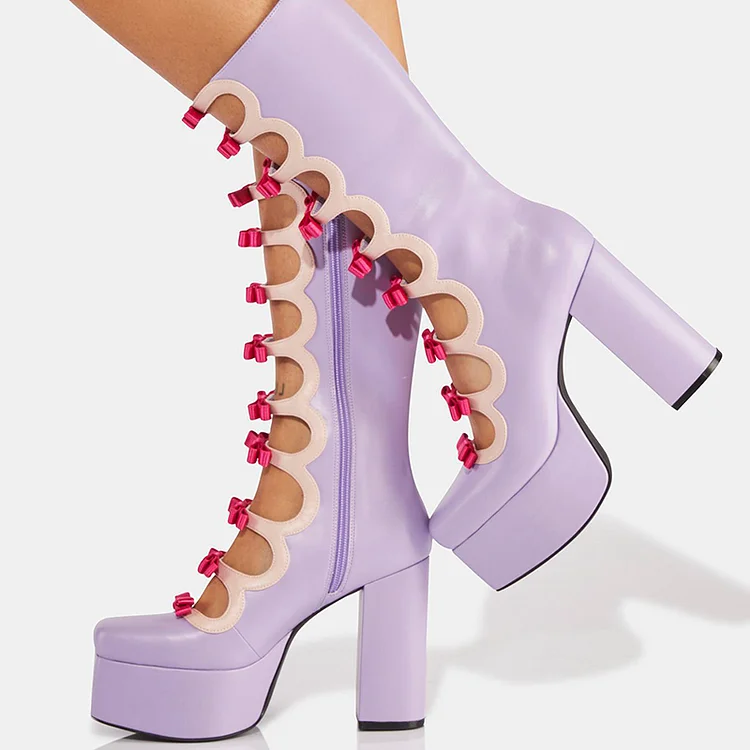 Purple Square Toe Bow Shoes Hollow Out Platform Chunky Heel Calf Boots |FSJ Shoes