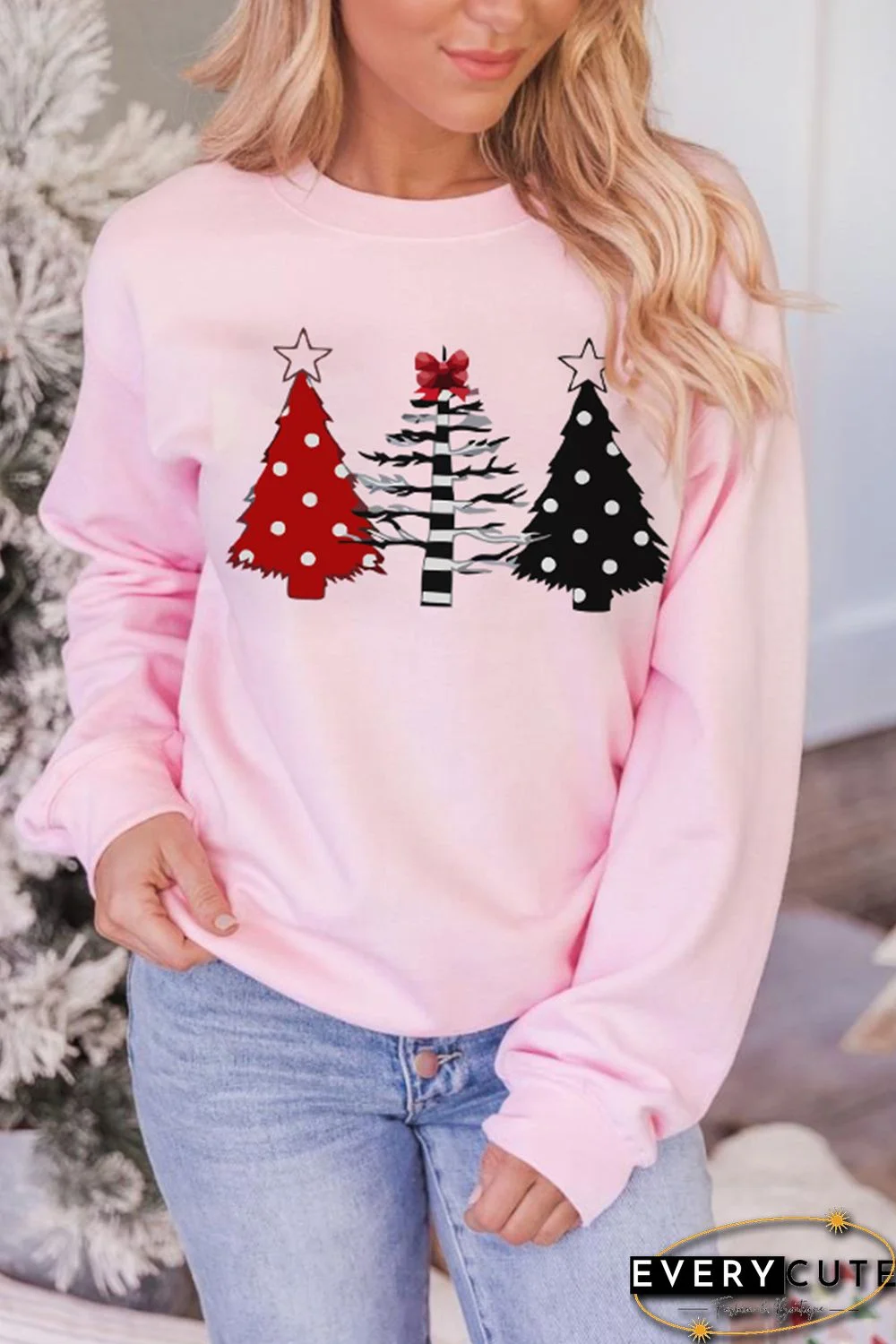 Pink Christmas Tree Graphic Print Pullover Sweatshirt