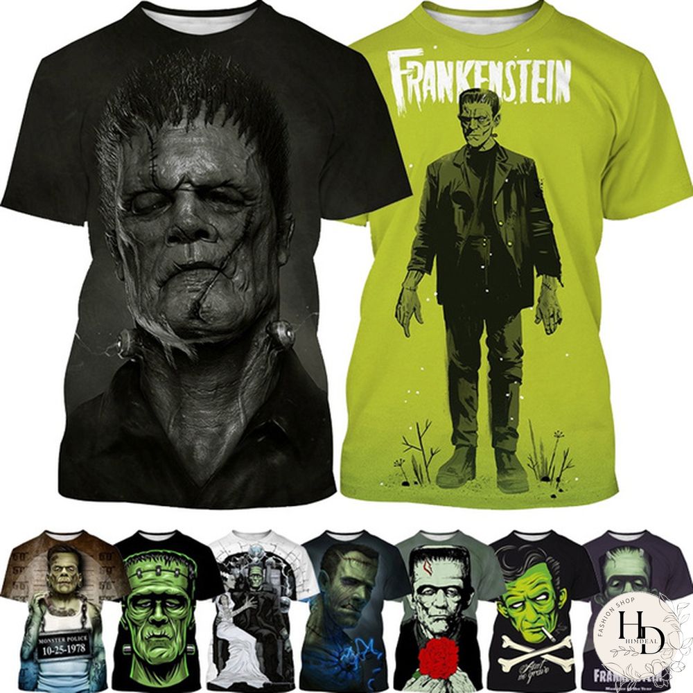 Frankenstein Short-Sleeved Shirt Mens Casual Fashion Horror Movie Harajuku Streetwear Top