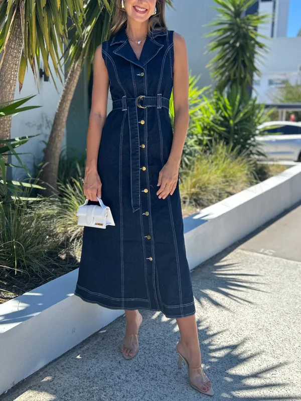 Lapel Solid Color Denim Midi Dress