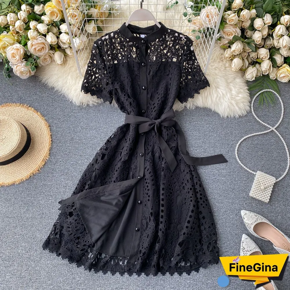 SMTHMA New Spring / Summer Runway Women's Clothings Pleated Stand Collar Short Sleeve Single Breasted Polka Dot Lace Dress