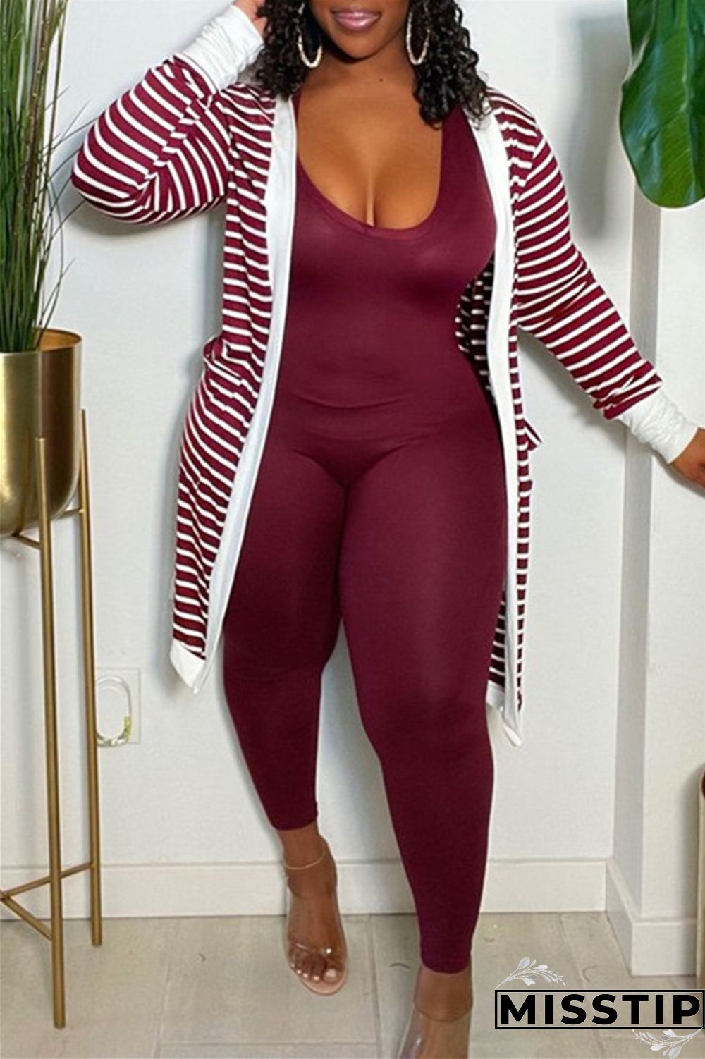 Burgundy Fashion Casual Striped Print Cardigan Outerwear
