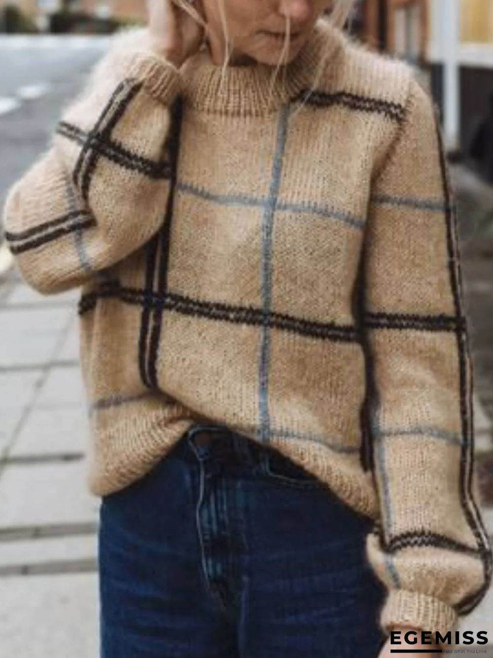 Khaki Wool Blend Checkered/plaid Casual Turtleneck Sweater | EGEMISS