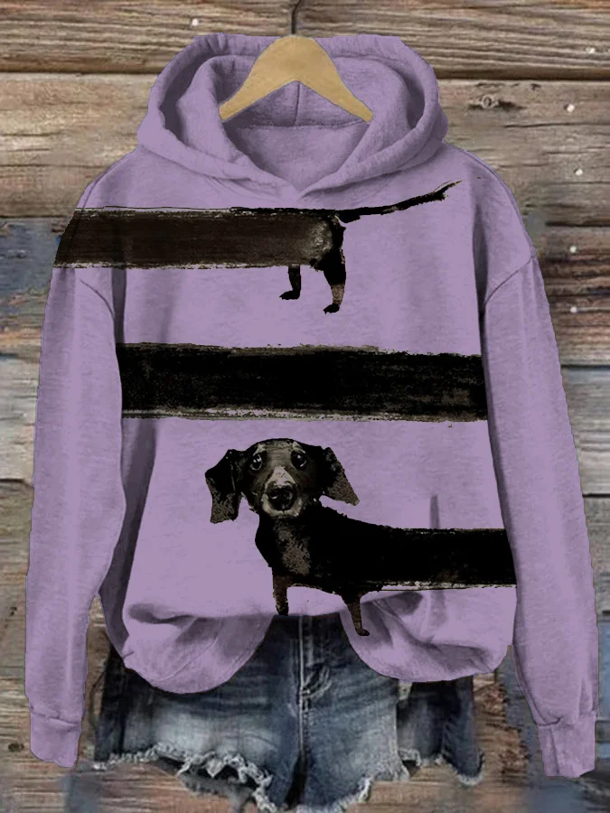 Women's Colorblock Long Black Dachshund Graphic Printed Hoodie