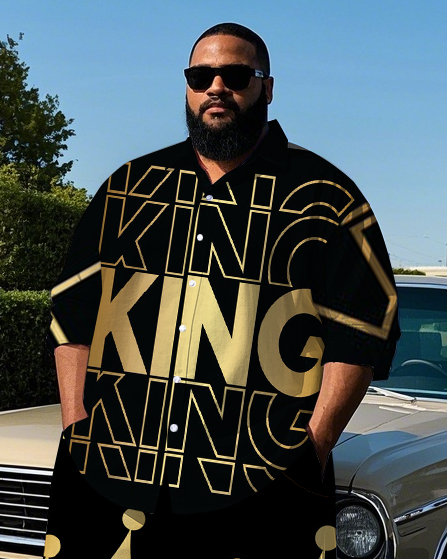 Big Men's Street Style KING Crown Printed Outdoor long Sleeve Shirt Pants 2-Piece Set
