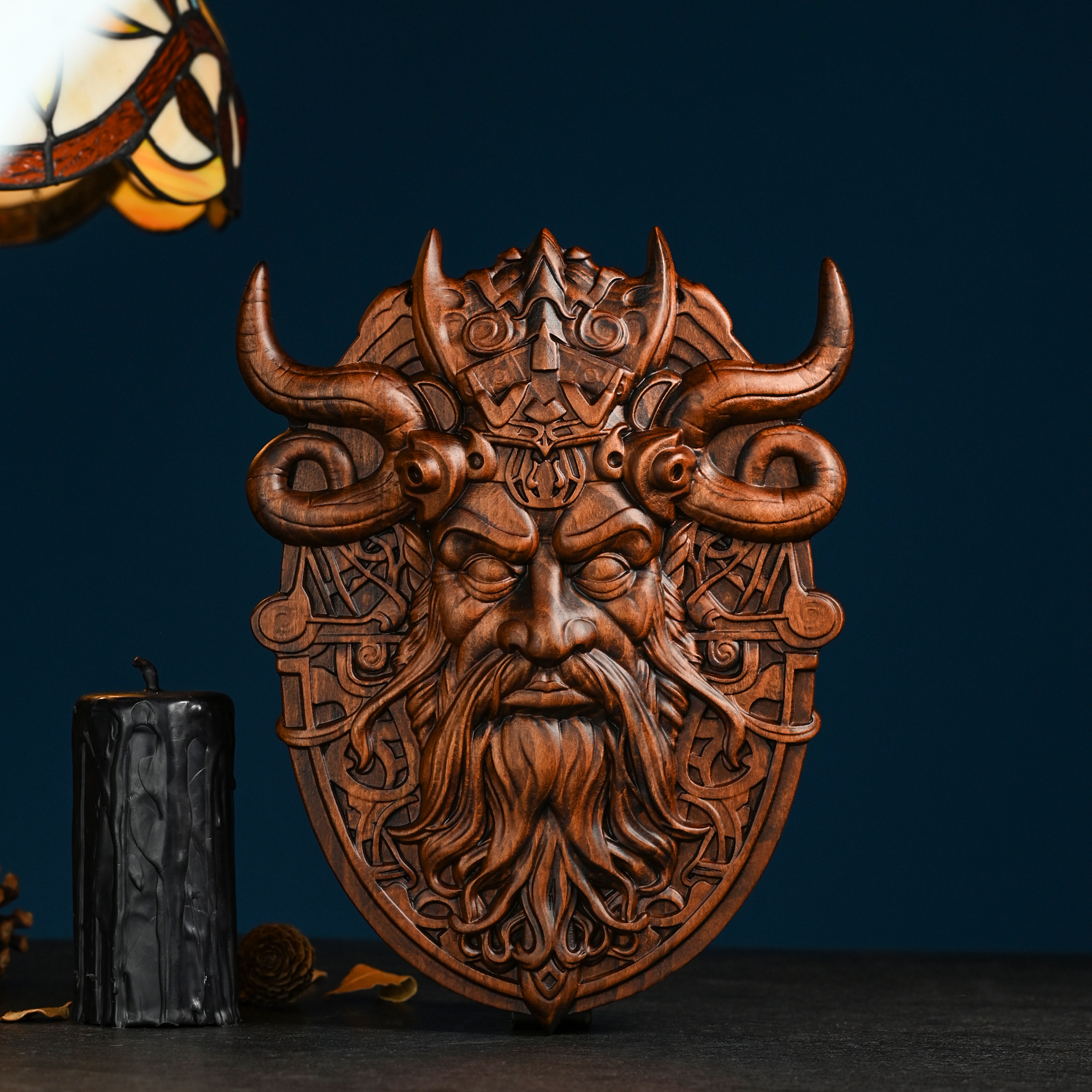 Nordic Viking Mask Hand-Carved Wooden Wall Hanging