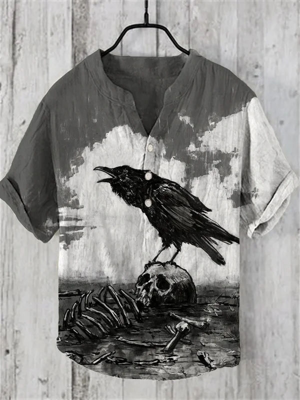 Men's Retro Viking Crow Skull Graphic Print Short Sleeve Shirt