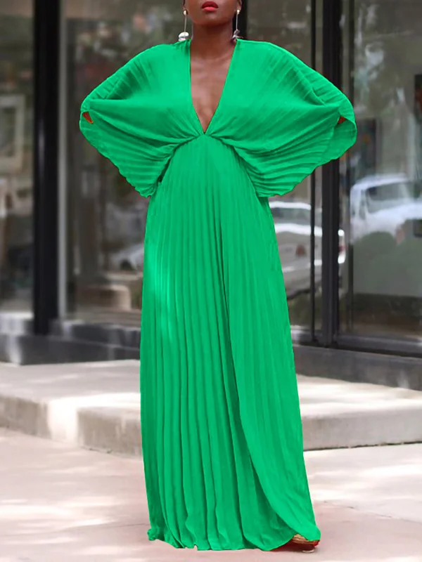 Pleated Solid Color Batwing Sleeves High Waisted Deep V-Neck Maxi Dresses