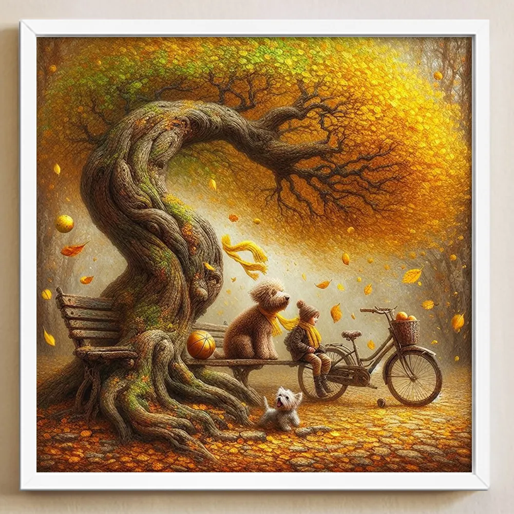 Full Round Diamond Painting 40*40cm - Dog And Family Under The Big Tree In Autumn