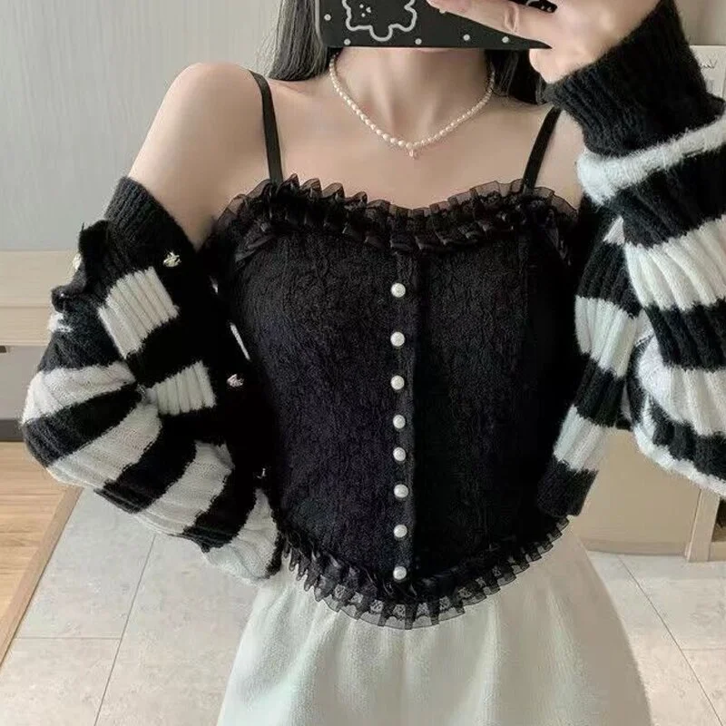 Billionm Women Pearl Sexy Vintage Corset Lace Crop Tops Bralette Cute Camis Vest Spaghetti Straps Elegant French Tank Top Party Clubwear