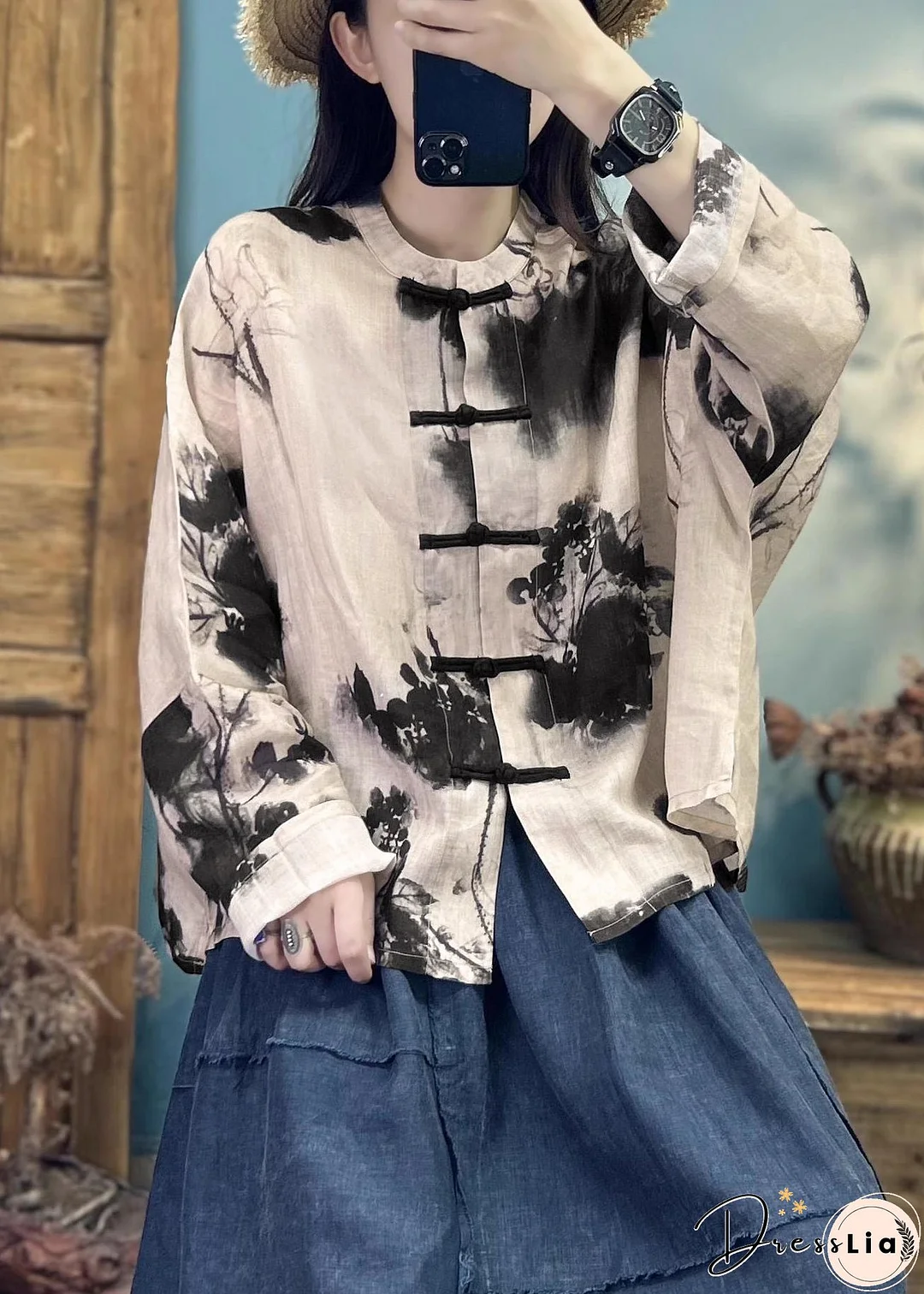 Loose Khaki Print Button Linen Coats Long Sleeve