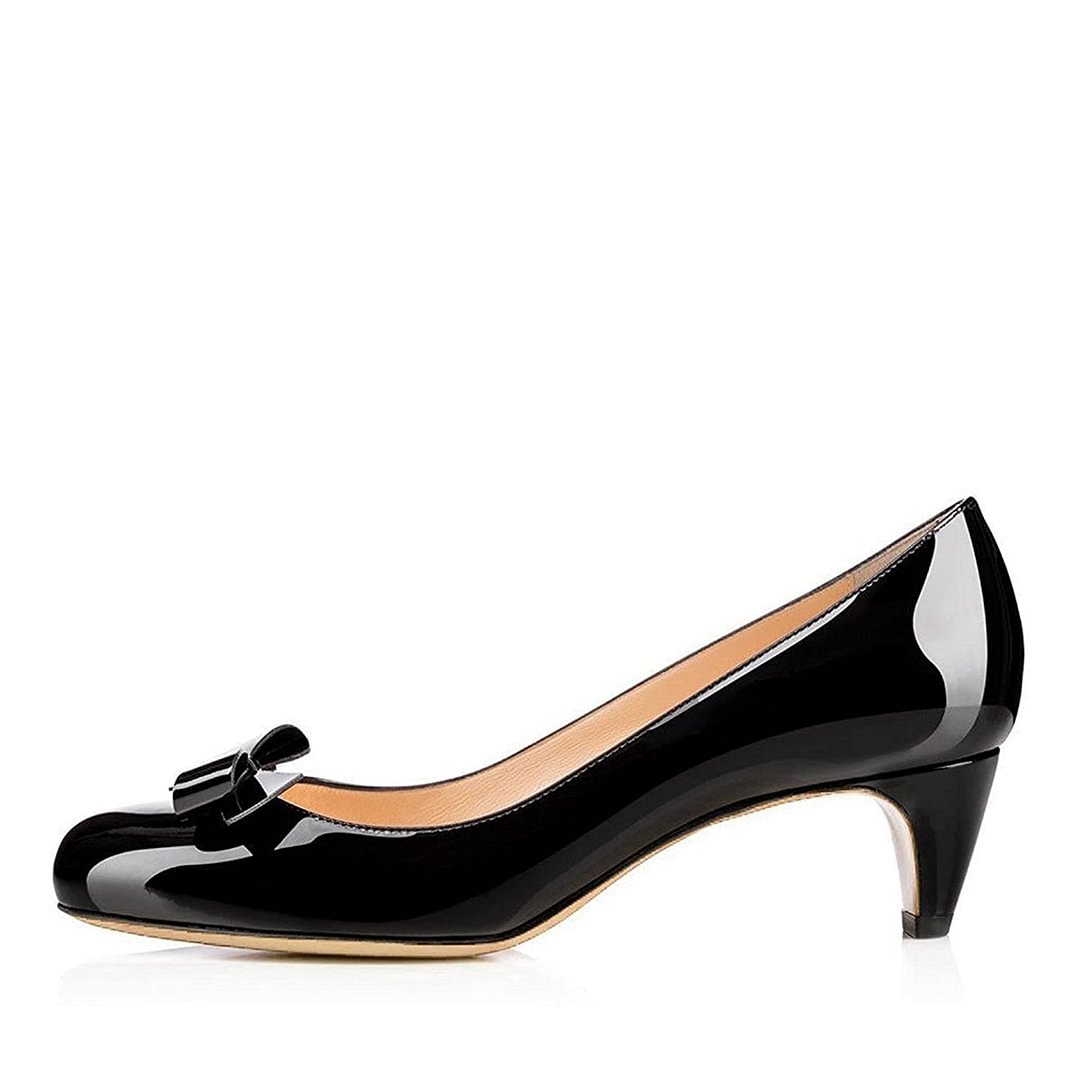 Women's Black Patent Leather Round Toe Kitten Heel Pumps with Bow