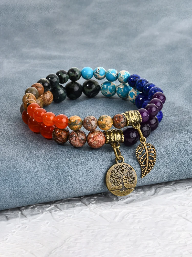 Tree Of Life & Leaf Pendant Colorful Agate Bracelet