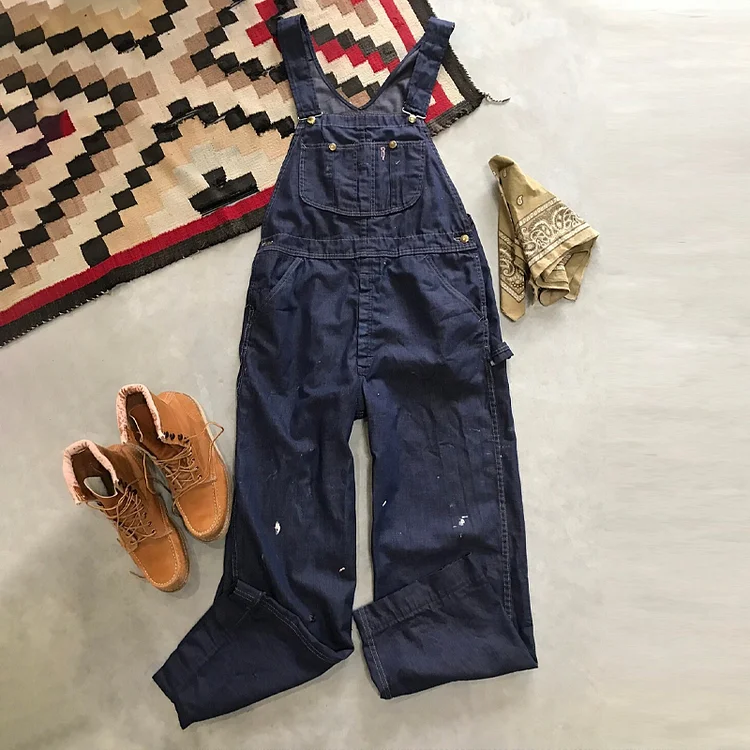 Vintage Dark Blue Washed Canvas Adjustable Overalls