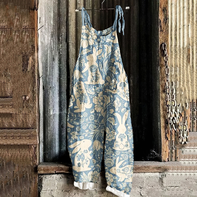 Comstylish Vintage Cute Rabbit Linen Blend Loose Casual Jumpsuit